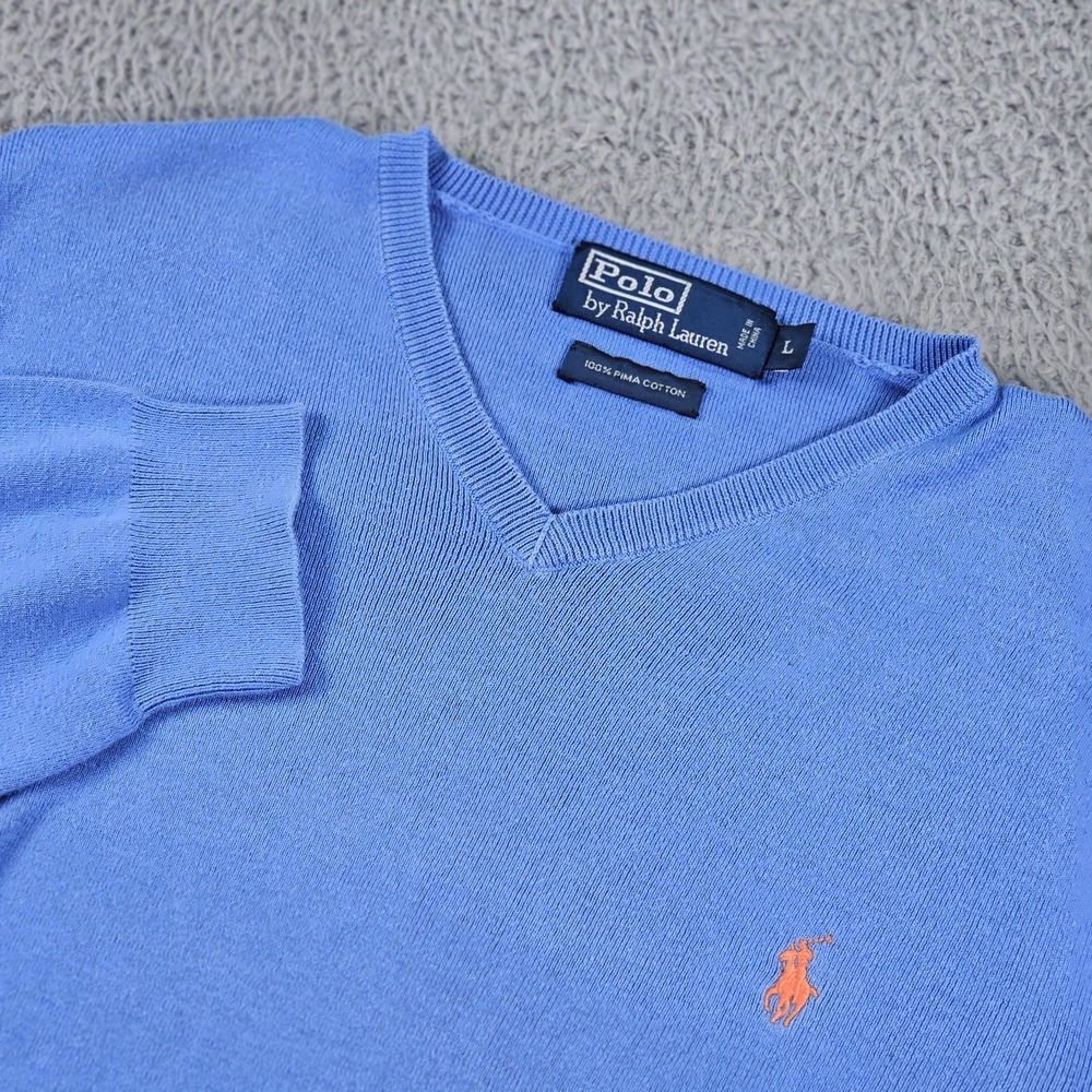 Polo Ralph Lauren Sweater Mens Large Blue V Neck Pima Cotton Pullover Classic
